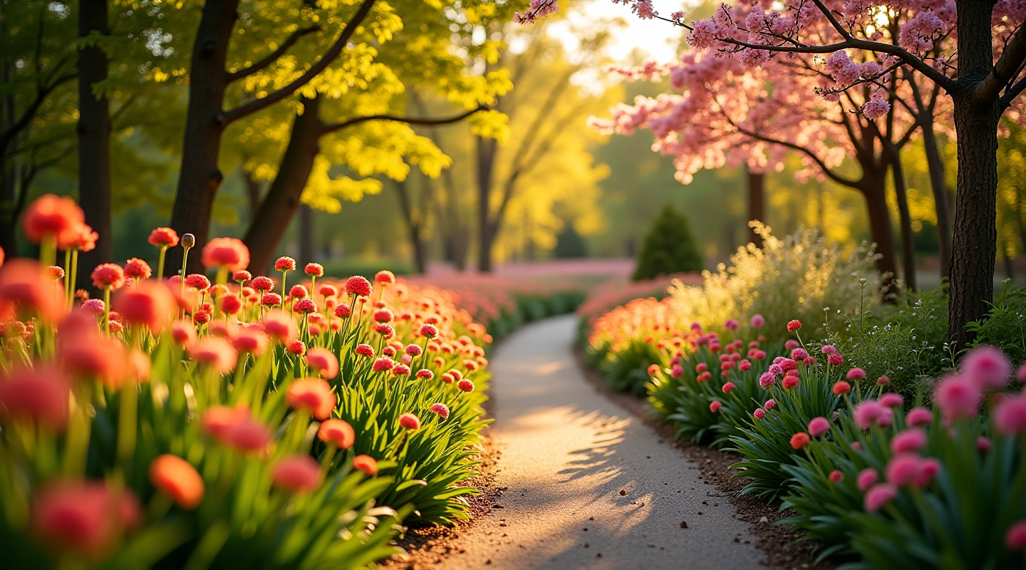 Gražus botaninis takelys su žydinčiais gėlynais