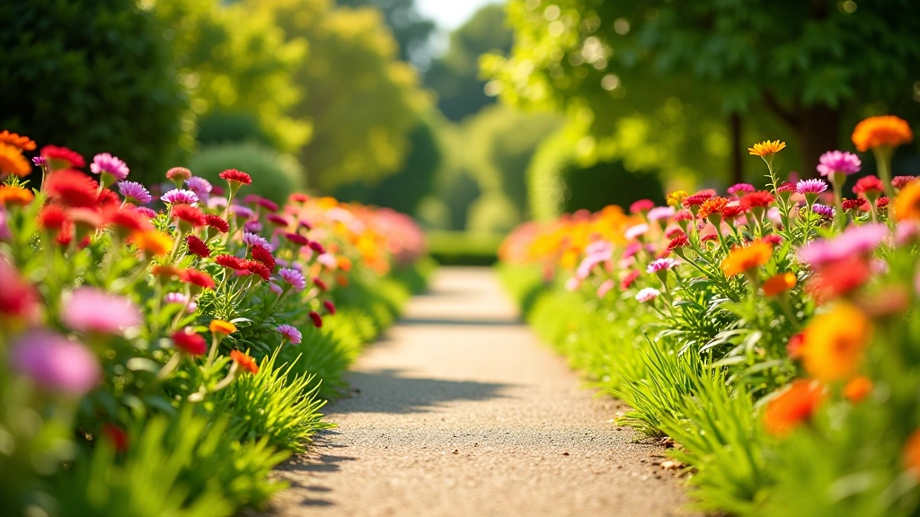 Botaninis takelys vasarą, pilnos gėlės, ryškios spalvos, saulėta